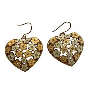 Filigree hearts & flowers pierced earrings tiny pink blossoms gold dangle drops